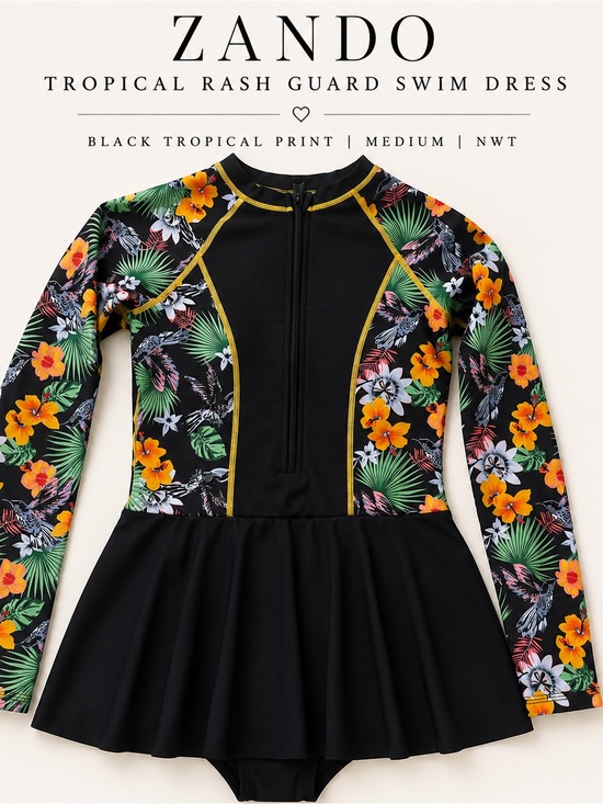 Amazon Other - Amazon Black Tropical Floral Long-Sleeve Rash Guard Swim Dress with Yellow Trim